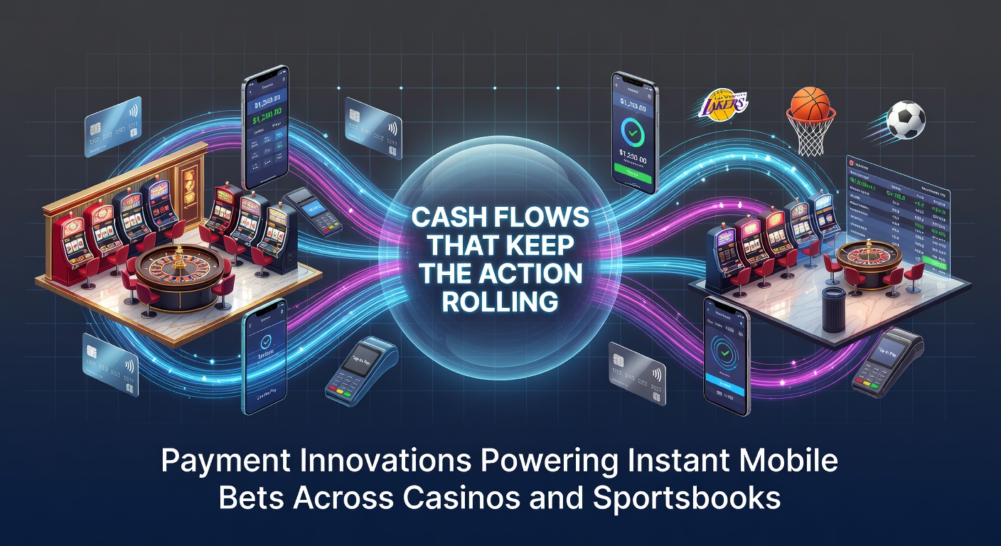 Dynamic graphic showing mobile phones exchanging instant payments for casino bets and sports wagers, with flowing cash icons and app interfaces