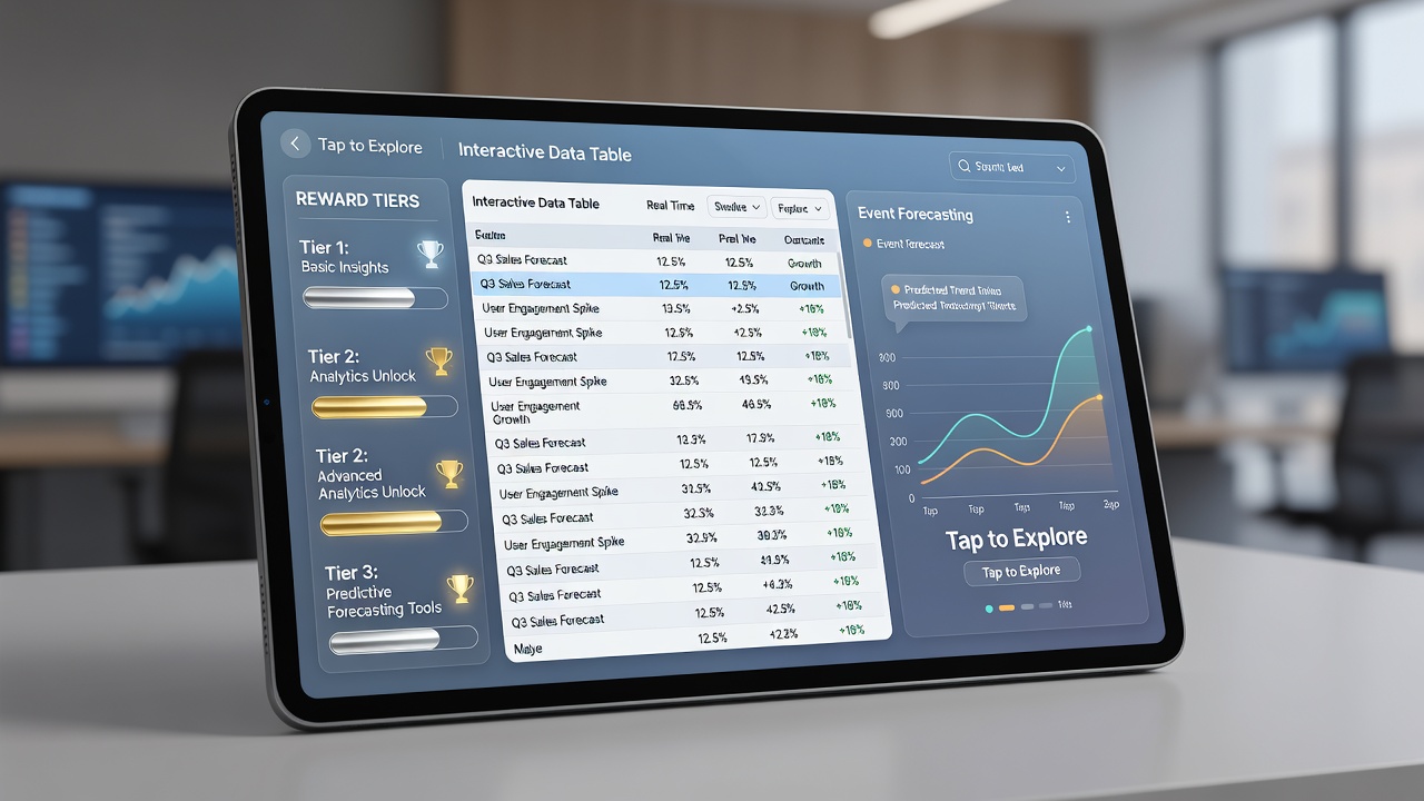 Mobile app screen showing tiered reward levels unlocking interactive table games and sports forecasting options